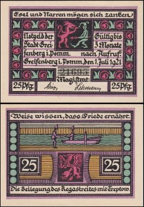 GRYFICE - GREIFFENBERG in POMMERN, 25 FENIGÓW 1.VII.1921, nr. 5 cyfr