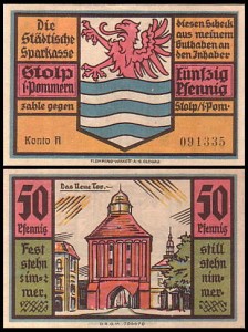 SŁUPSK - STOLP, 50 FENIGÓW b.r. konto A - Brama nowa / Herb