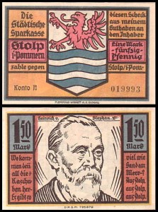 SŁUPSK - STOLP 1,50 MARKI br. konto A - H. von Stephan / Herb
