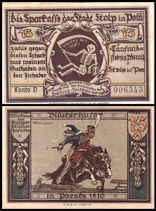 SŁUPSK - STOLP 75 FENIGÓW br. konto D, Huzarzy w 1810 roku / Śmiertka
