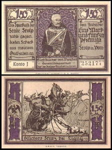 SŁUPSK - STOLP 1,50 MARKI br. konto J, Blucher pod Ligny / Blucher