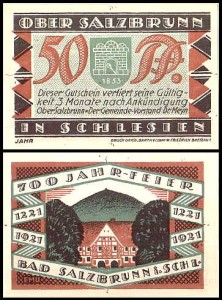 SZCZAWNO ZDRÓJ - BAD SALZBRUNN, 50 FENIGÓW 1921, góra Chełm za budynkiem