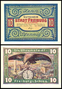 ŚWIEBODZICE - FREIBURG, 10 FENIGÓW IX.1921, Orzeł i zegarek