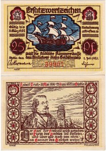 SZCZECIN - STETTIN 25 FENIGÓW 1.VII.1921, 5 cyfr, Żaglowiec / R.Drutz, czerwony nadruk