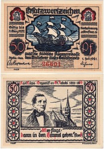 SZCZECIN - STETTIN 50 FENIGÓW 1.I.1922, 5 cyfr, Żaglowiec / K.Loewe, czerwony nadruk