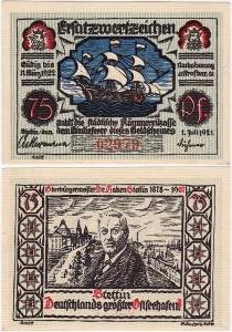 SZCZECIN - STETTIN 75 FENIGÓW 1.VII.1921, 5 cyfr, Żaglowiec / dr.Haken, czerwony nadruk