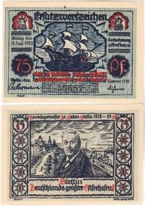 SZCZECIN - STETTIN 75 FENIGÓW 1.I.1922 5 cyfr, Żaglowiec / dr.Haken, numery czarne nadruk czerwony