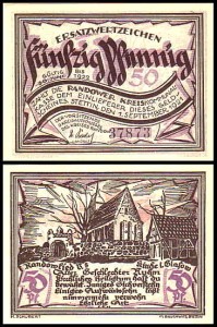 SZCZECIN - STETTIN, 50 FENIGÓW 1.IX.1921 Kościółek w Glasow