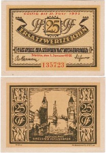 SZCZECIN - STETTIN 25 FENIGÓW 1.I.1922 Most Kłodny