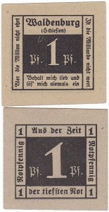 WAŁBRZYCH - WALDENBURG, 1 FENIG br. (1920)  nominał obustronnie, czarny, papier szary