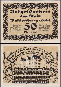 WAŁBRZYCH - WALDENBURG, 50 FENIGÓW 29.IX.1920, 50 lat Gimnazjum, żółty,fronty bud.bez poddruku