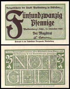 WAŁBRZYCH - WALDENBURG 25 FENIGÓW 10.X.1920, zielony
