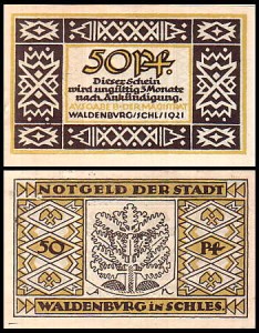 WAŁBRZYCH - WALDENBURG, 50 FENIGÓW 1921, Ausgabe B, Czarnożółty
