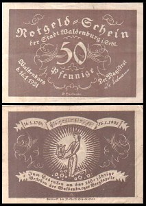 WAŁBRZYCH - WALDENBURG, 50 FENIGÓW 16.I.1921 szarobrązowy, Dziewczyna klęcząca z lirą