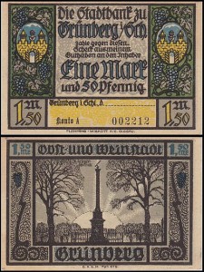 ZIELONA GÓRA - GRUNBERG, 1,50 MARKI b.r., konto A, Pomnik