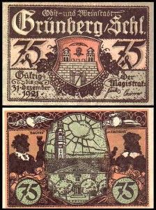 ZIELONA GÓRA - GRUNBERG, 75 FENIGÓW DO 31.XII.1921, Słońce za chmurą, wieża