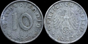 Niemcy, 10 Fenigów 1942 B, ze swastyką, KM 101, Stan III