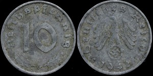 Niemcy, 10 Fenigów 1942 G, ze swastyką, KM 101, Stan III