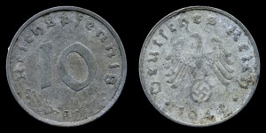 Niemcy, 10 Fenigów 1944 G, ze swastyką, KM 101, Stan III