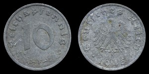 Niemcy, 10 Fenigów 1945 F, ze swastyką, KM 101, Stan III