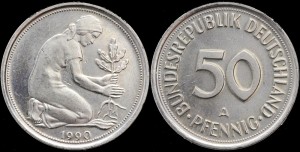 Niemcy, 50 Fenigów 1990A, KM 109.2, Stan I
