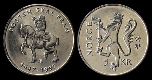 Norwegia, 5 Kroner 1997, 350 lat poczty Norwegii, KM 461