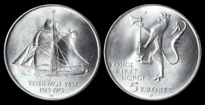  Norwegia, 5 Kroner 1975 - 150 lat emigracji do Ameryki - Żaglowiec, KM 422