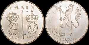  Norwegia, 5 Kroner 1978 - 350 lat Armii Norwegii - KM 423