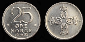 Norwegia, 25 Ore różne roczniki, KM 417
