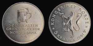 Norwegia, 5 Kroner, 175 lat Narodowego Banku - kufel KM 430