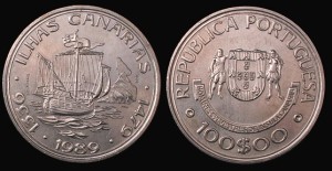 Portugalia, 100 Escudos 1989, Wyspy Kanaryjskie , Żaglowiec, KM 646