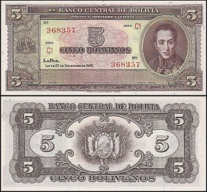 BOLIWIA 5 BOLIVIANOS 1945, ser. C1, Pick 139d
