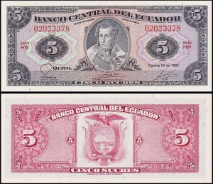EKWADOR, 5 SUCRES 20.8.1982, seria HW, Pick 108b3