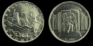 San Marino, 100 Lirów 1976, Siedząca rodzina, KM 57