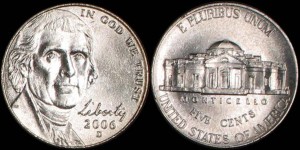 USA, 5 Cents 2006D, Jefferson - duża głowa, KM 381