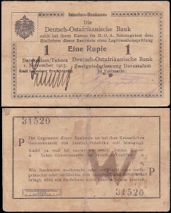 NIEMIECKA AFRYKA WSCHODNIA	EINE RUPIE 1.XI.1915 seria P, i stempel W na Rw, Pick 9Ab1