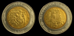 San Marino, 500 Lirów 1982 Bimetal, Dwie postacie - FAO, KM 140