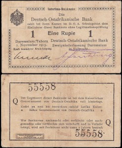 NIEMIECKA AFRYKA WSCHODNIA	EINE RUPIE 1.XI.1915 seria Q, seria i cyfry szerokie, Pick 9Ab2