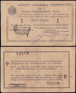 NIEMIECKA AFRYKA WSCHODNIA	EINE RUPIE 1.XI.1915 seria Q, seria i cyfry wąskie, Pick 9Ab3