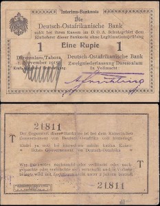 NIEMIECKA AFRYKA WSCHODNIA	EINE RUPIE 1.XI.1915 seria T, cyfry wys.4 mm, Pick 9Ab6