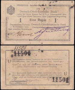 NIEMIECKA AFRYKA WSCHODNIA	EINE RUPIE 1.XI.1915 seria U, cyfry wys.6 mm, Pick 9Ab7