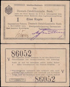 NIEMIECKA AFRYKA WSCHODNIA	EINE RUPIE 1.XI.1915 seria V, cyfry wys.9 mm, Pick 9Ab8