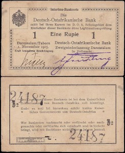 NIEMIECKA AFRYKA WSCHODNIA	EINE RUPIE 1.XI.1915 seria B2, cyfry wys.9 mm, Pick 9Ab12