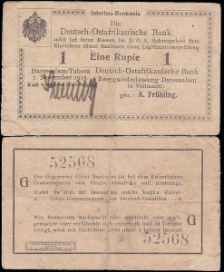 NIEMIECKA AFRYKA WSCHODNIA	EINE RUPIE 1.XI.1915 seria G, numerator 5 cyfr bez No., Pick 11b4