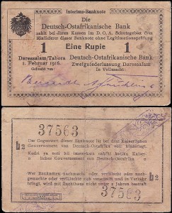 NIEMIECKA AFRYKA WSCHODNIA	EINE RUPIE 1.II.1916 seria L2, Pick 19(6)