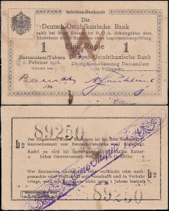 NIEMIECKA AFRYKA WSCHODNIA	EINE RUPIE 1.II.1916 seria L2  i stempel W na Rw, Pick 19(6)