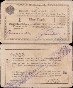 NIEMIECKA AFRYKA WSCHODNIA	EINE RUPIE 1.II.1916 seria D3, Pick 19(24)