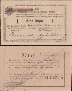 NIEMIECKA AFRYKA WSCHODNIA	EINE RUPIE 1.II.1916 seria J3, Pick 20a3