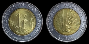 San Marino, 500 Lirów Bimetal 1993, Gałązka z drzewa,KM 301