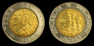 San Marino, 500 Lirów 1991 Bimetal, dłoń trzymająca kwiaty KM 269